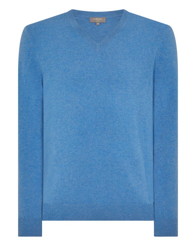 N.Peal Men's Burlington V Neck Cashmere Jumper Provence Blue