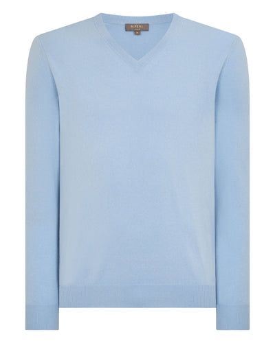 N.Peal Men's Burlington V Neck Cashmere Jumper Sea Mist Blue