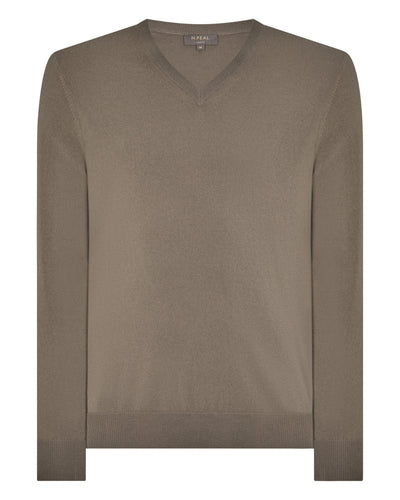 N.Peal Men's Burlington V Neck Cashmere Jumper Vintage Khaki Green