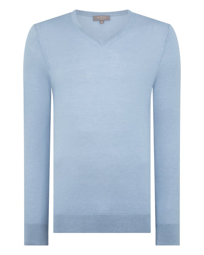 N.Peal Men's Conduit Fine Gauge Cashmere V Neck Jumper Cornflower Blue