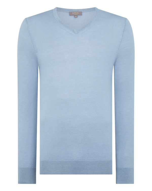 N.Peal Men's Conduit Fine Gauge Cashmere V Neck Jumper Cornflower Blue