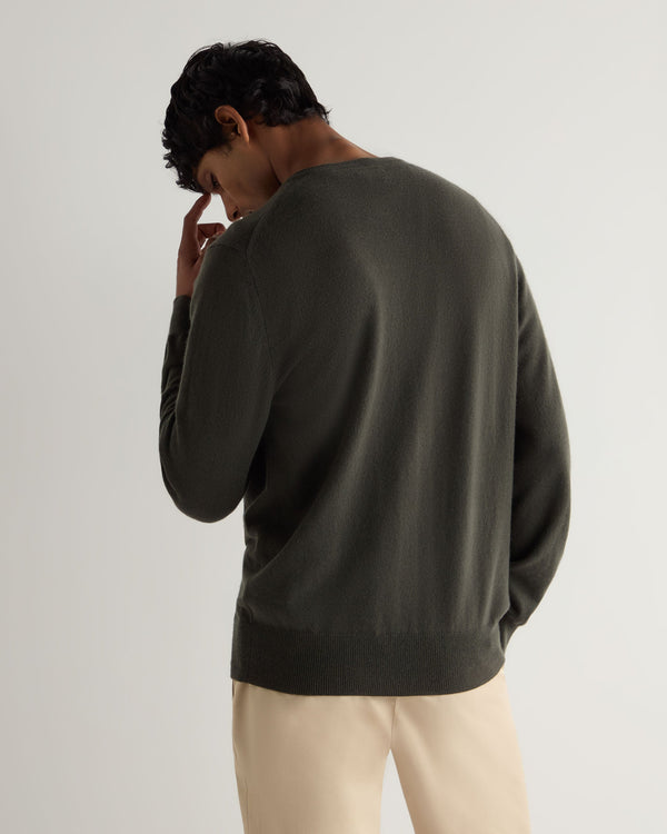 N.Peal Men's Oxford Round Neck Cashmere Jumper Arabica Khaki Green