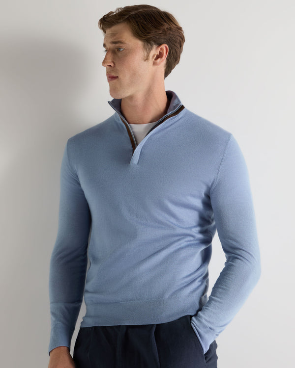 N.Peal Men's Regent Fine Gauge Cashmere Half Zip Sweater Cornflower Blue