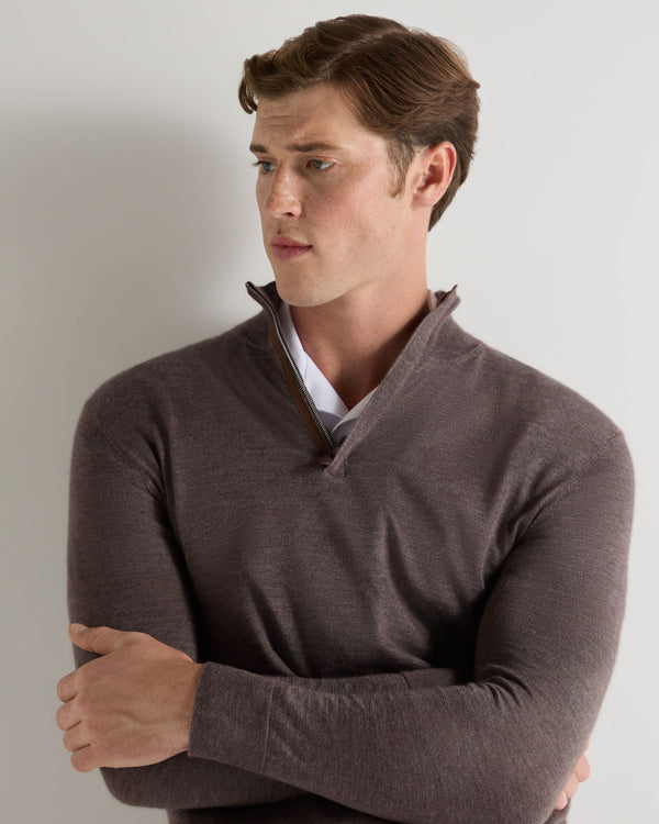 N.Peal Men's Regent Fine Gauge Cashmere Half Zip Sweater Driftwood Brown