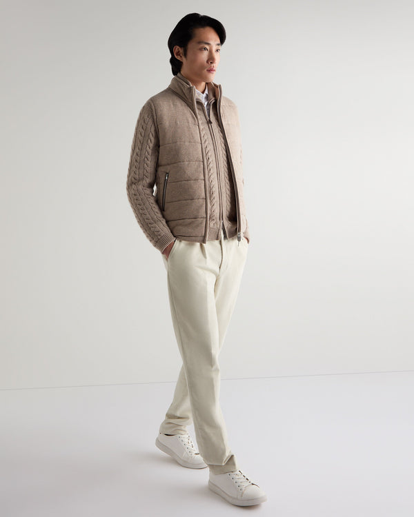 N.Peal Men's Richmond Cable Cashmere Cardigan Oatmeal Brown