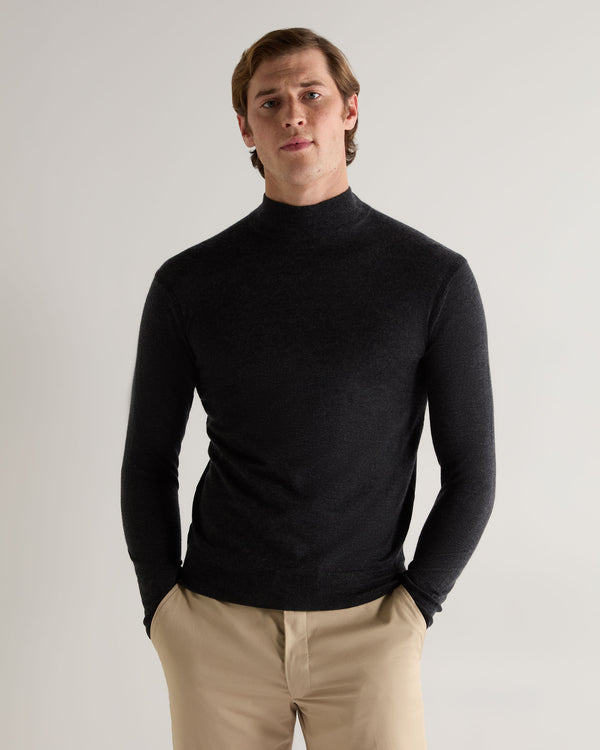 N.Peal 007 Fine Gauge Cashmere Mock Turtle Neck Jumper Dark Charcoal Grey