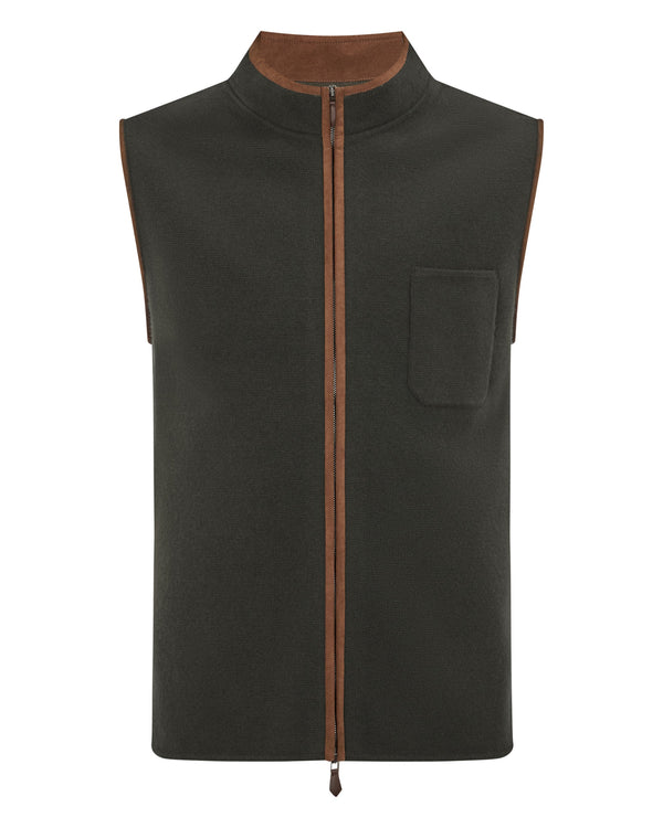 N.Peal Men's Shaftesbury Suede Trim Cashmere Gilet Arabica Khaki Green