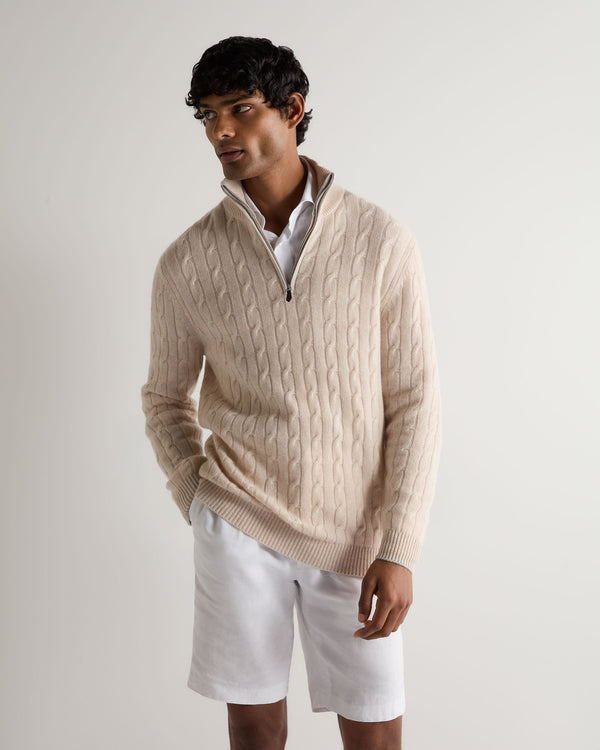 N.Peal Men's Albemarle Cable Half Zip Cashmere Jumper Ecru White