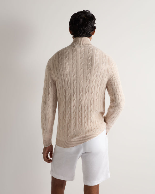 N.Peal Men's Albemarle Cable Half Zip Cashmere Jumper Ecru White