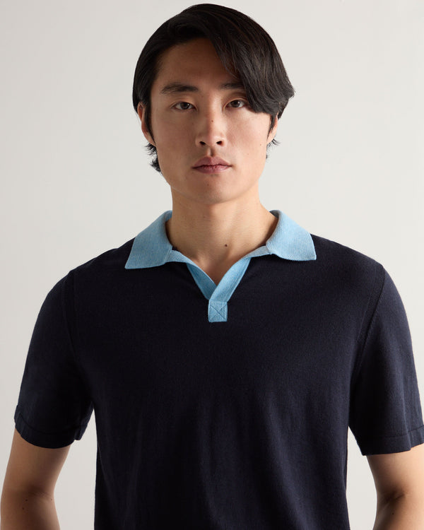 N.Peal Men's Polo Cotton Cashmere T-Shirt Navy Blue