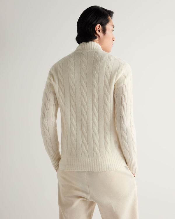 N.Peal Men's Jermyn Cable Full Button Cashmere Cardigan New Ivory White