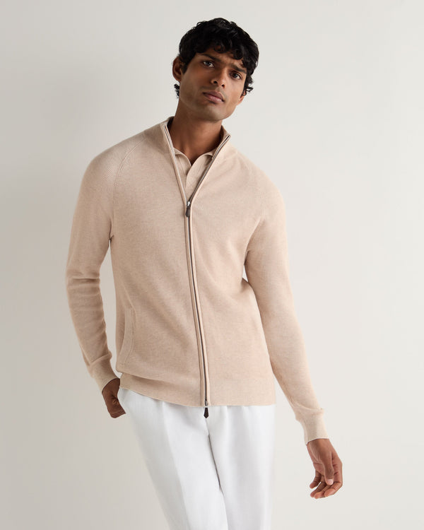 N.Peal Men's Ribbed Full Zip Cotton Cashmere Jumper Sandstone Brown