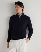 Men's Fisherman Rib Half Zip Cotton Blend Sweater Navy Blue