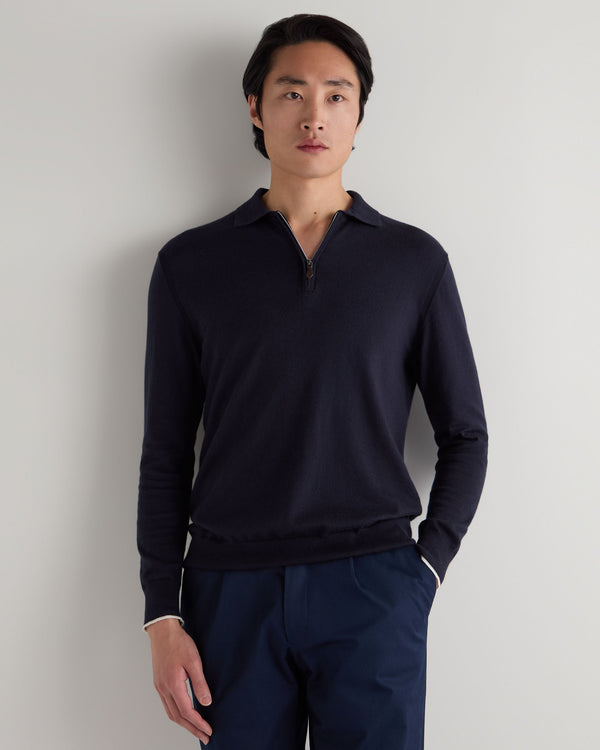 N.Peal Men's Long Sleeve Half Zip Cotton Cashmere Jumper Navy Blue