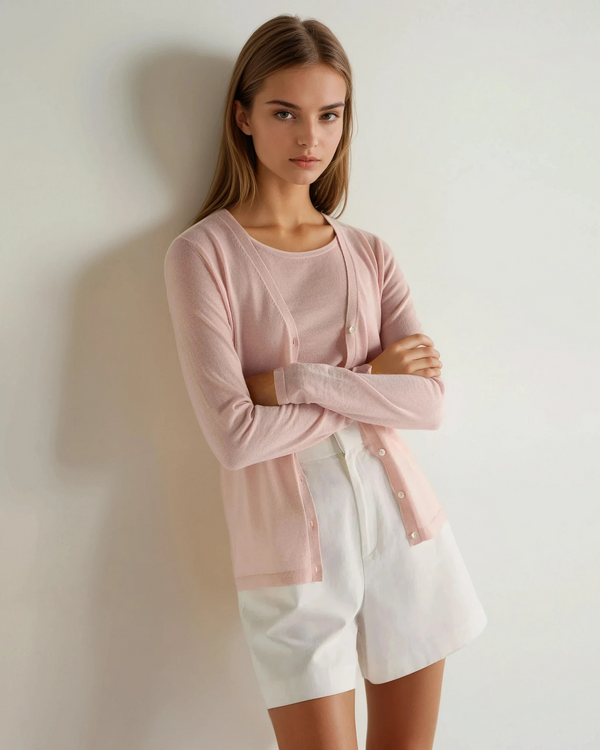 N.Peal Women's Mia Superfine Cashmere V Neck Cardigan Blush Pink