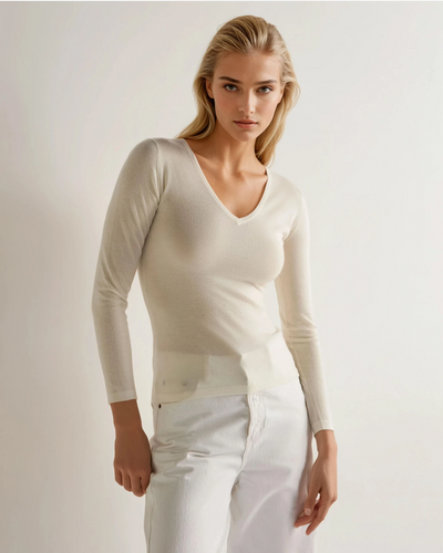 N.Peal Women's Imogen Superfine Cashmere V Neck Sweater New Ivory White