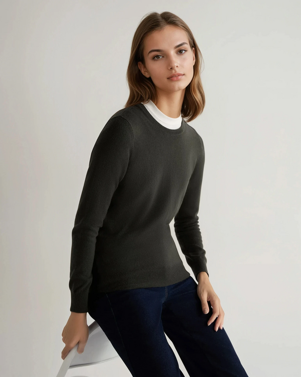 N.Peal Women's Evie Classic Round Neck Cashmere Sweater Arabica Khaki Green