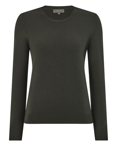 N.Peal Women's Evie Classic Round Neck Cashmere Jumper Arabica Khaki Green