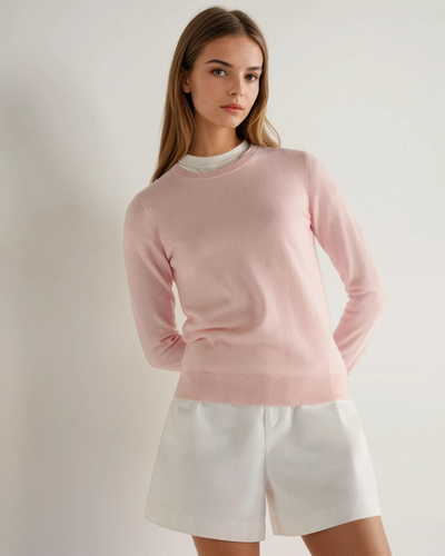 N.Peal Women's Evie Classic Round Neck Cashmere Sweater Blossom Pink