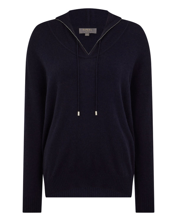 N.Peal Women's Maya Metal Trim Cashmere Hoodie Navy Blue