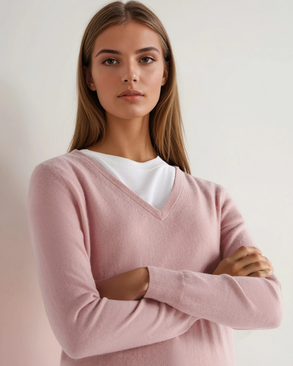 N.Peal Women's Phoebe V Neck Cashmere Sweater Blossom Pink