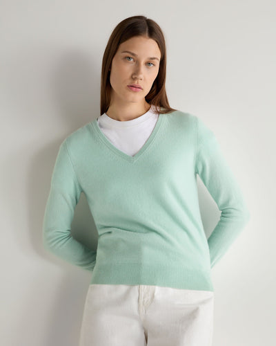 N.Peal Women's Phoebe V Neck Cashmere Jumper Dusty Teal Green