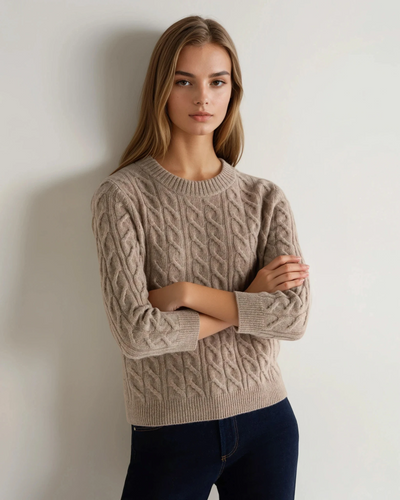 N.Peal Women's Emilia Cable Round Neck Cashmere Sweater Oatmeal Brown