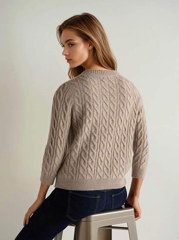 N.Peal Women's Emilia Cable Round Neck Cashmere Sweater Oatmeal Brown