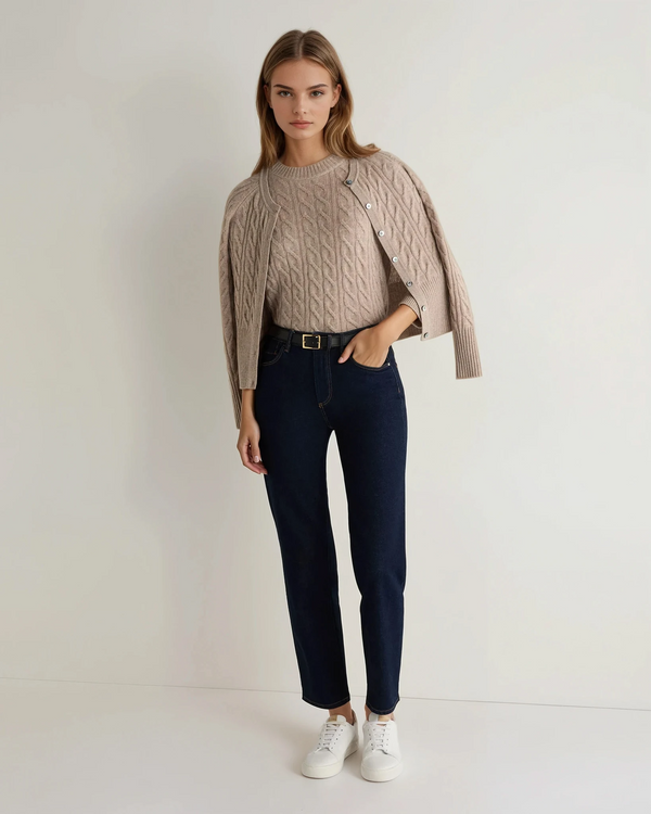N.Peal Women's Emilia Cable Round Neck Cashmere Sweater Oatmeal Brown