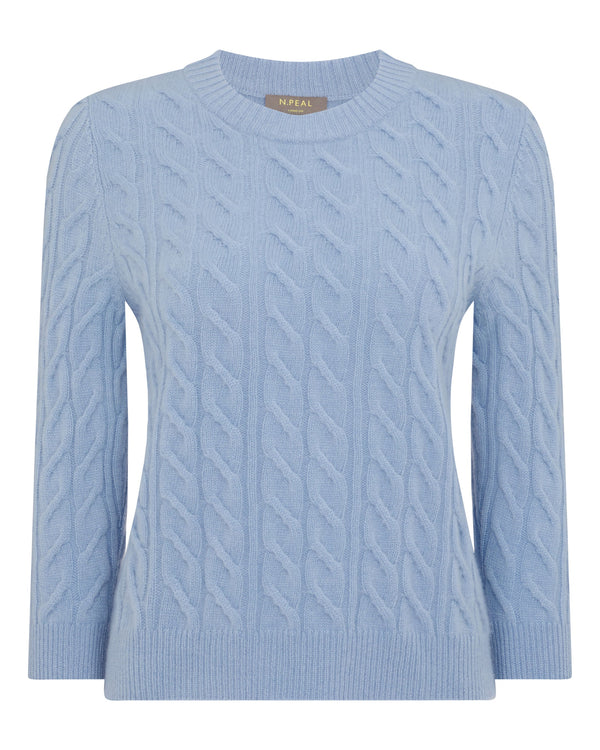 N.Peal Women's Emilia Cable Round Neck Cashmere Jumper Sea Mist Blue