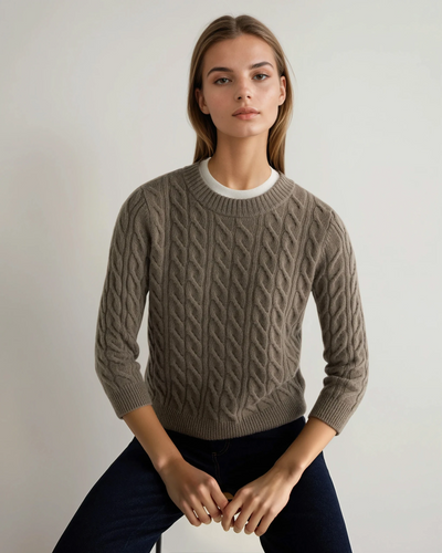 N.Peal Women's Emilia Cable Round Neck Cashmere Sweater Vintage Khaki Green