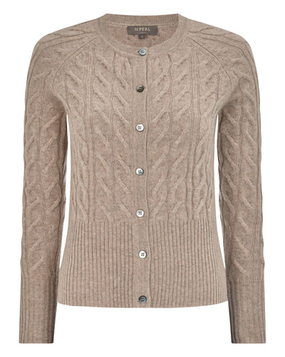 N.Peal Women's Myla Cable Cashmere Cardigan Oatmeal Brown