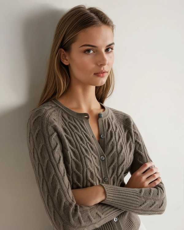 N.Peal Women's Myla Cable Cashmere Cardigan Vintage Khaki Green