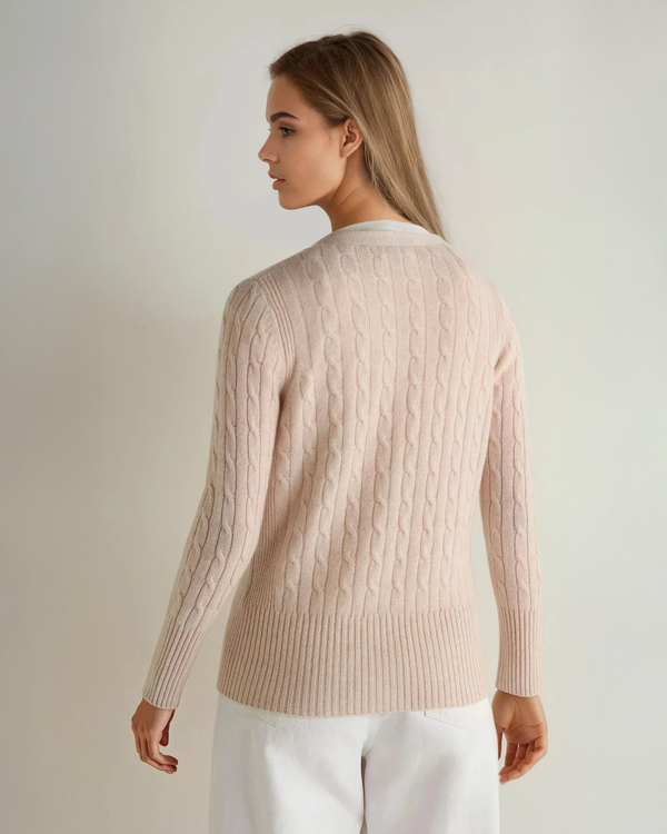 N.Peal Women's Clara Cable V Neck Cashmere Cardigan Ecru White