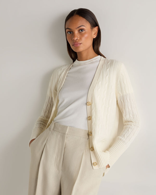 N.Peal Women's Clara Cable V Neck Cashmere Cardigan New Ivory White