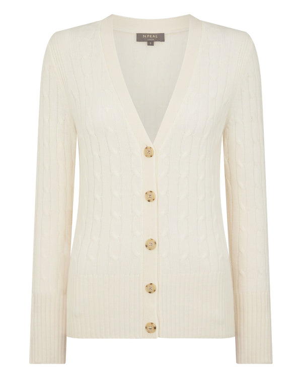 N.Peal Women's Clara Cable V Neck Cashmere Cardigan New Ivory White