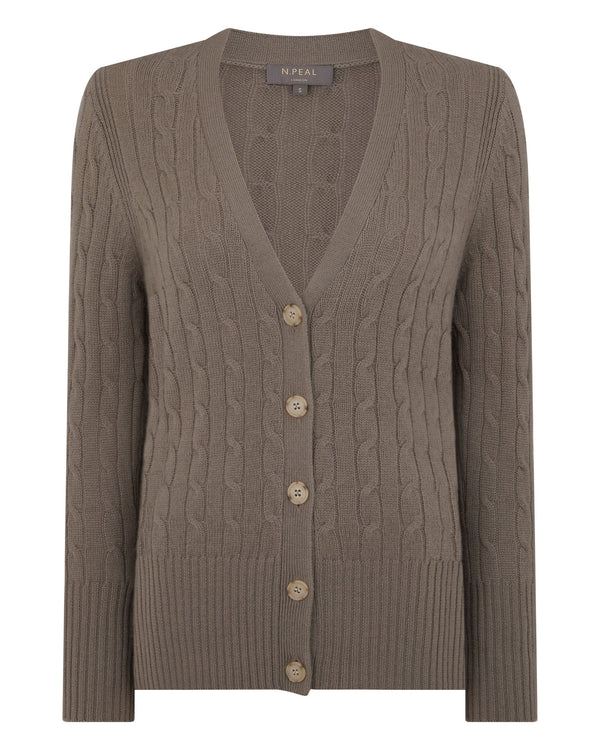 N.Peal Women's Clara Cable V Neck Cashmere Cardigan Vintage Khaki Green