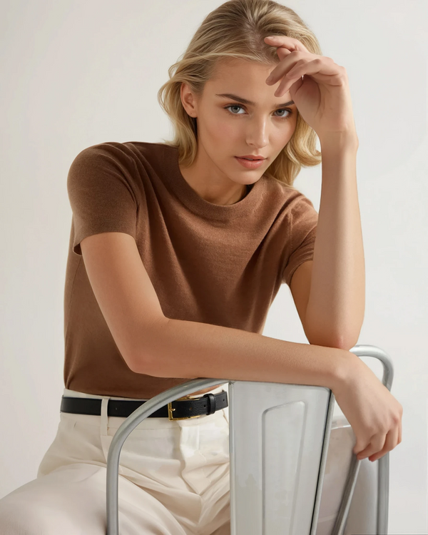 N.Peal Women's Isla Superfine Cashmere T-Shirt Dark Camel Brown