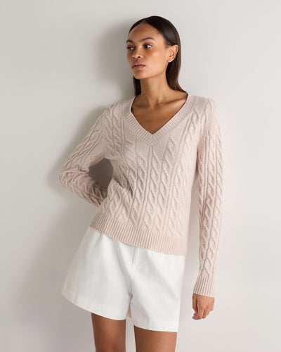 N.Peal Women's Frankie Cable V Neck Cashmere Jumper Dusk Pink