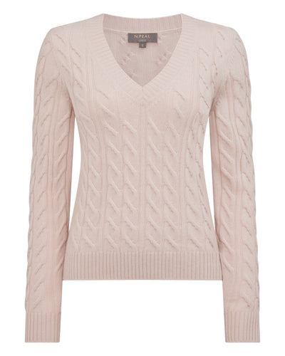 N.Peal Women's Frankie Cable V Neck Cashmere Jumper Dusk Pink