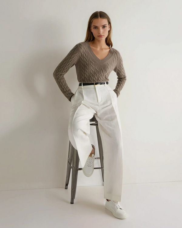 N.Peal Women's Frankie Cable V Neck Cashmere Sweater Vintage Khaki Green