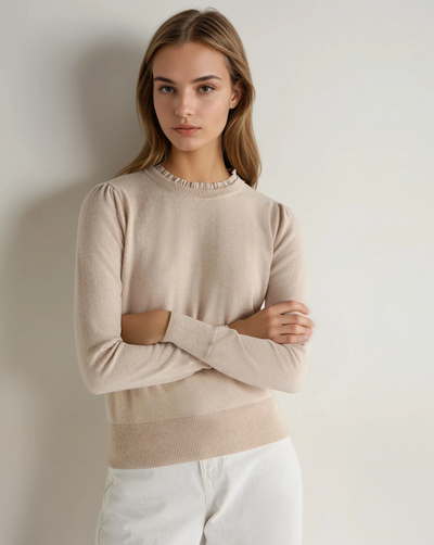 N.Peal Women's Woven Ruffle Cashmere Sweater Ecru White