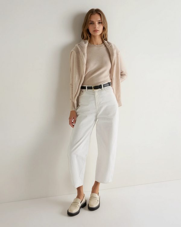 N.Peal Women's Woven Ruffle Cashmere Sweater Ecru White
