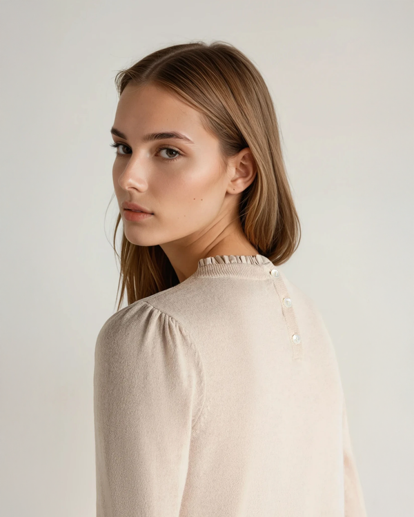 N.Peal Women's Woven Ruffle Cashmere Sweater Ecru White