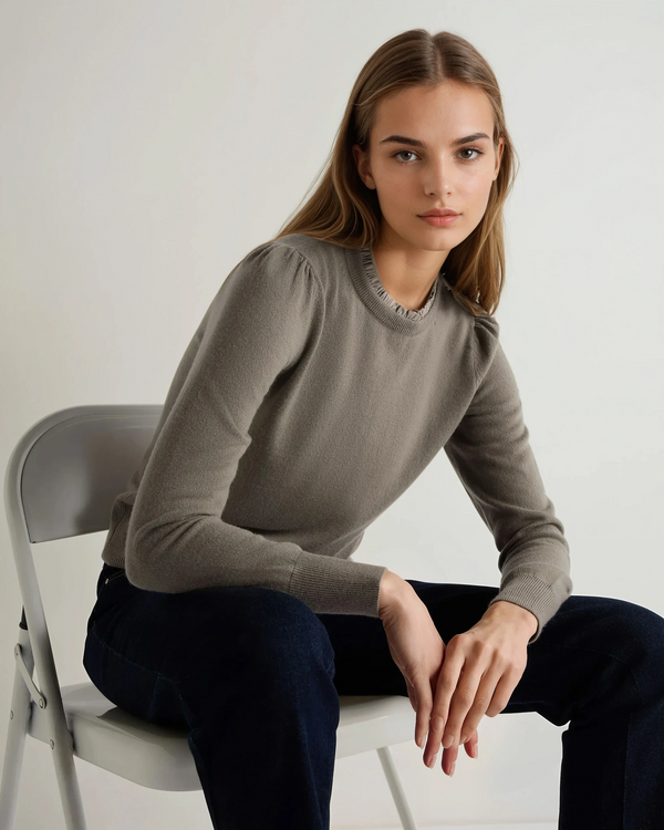 N.Peal Women's Woven Ruffle Cashmere Sweater Vintage Khaki Green