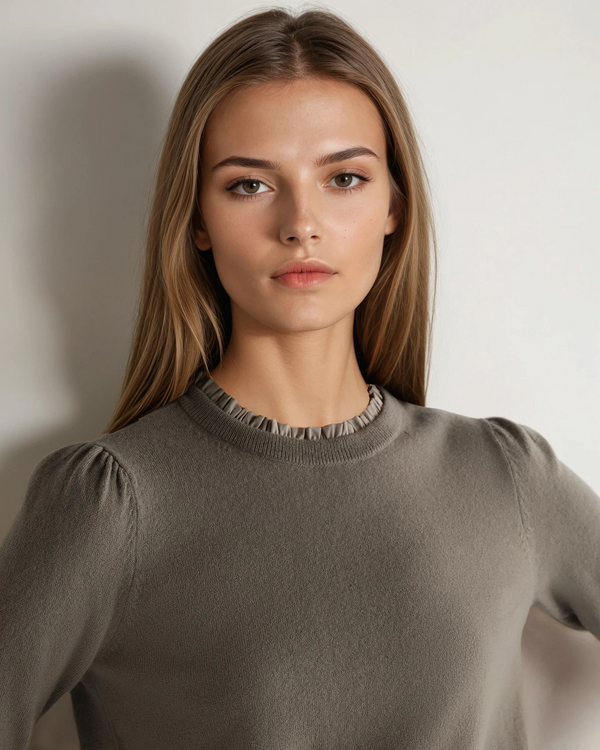 N.Peal Women's Woven Ruffle Cashmere Sweater Vintage Khaki Green