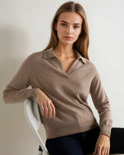 N.Peal Women's Cashmere Polo Shirt Oatmeal Brown