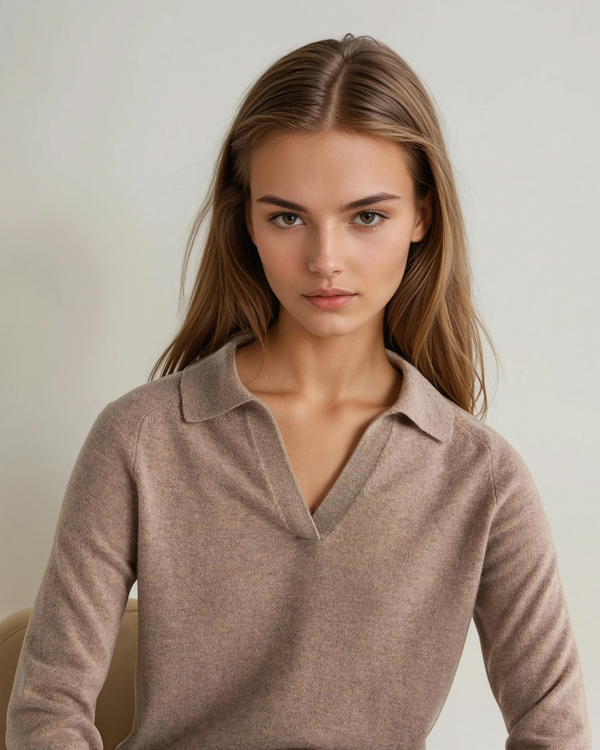 N.Peal Women's Cashmere Polo Shirt Oatmeal Brown