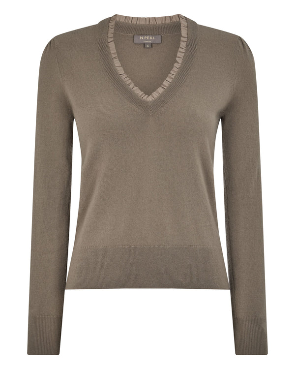 N.Peal Women's Metal Trim V Neck Cashmere Jumper Vintage Khaki Green