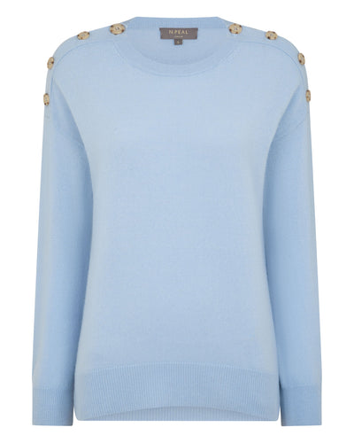 N.Peal Women's Button Shoulder Round Neck Cashmere Jumper Sea Mist Blue